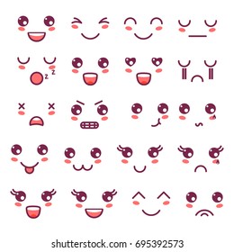 Kawaii cute faces, Kawaii emoticons, adorable characters icons design.