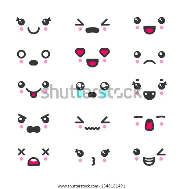 Kawaii Suss Gesichter Emoticons Symbol Vektorset Stock Vektorgrafik Lizenzfrei