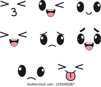 Kawaii cute faces. Kawaii emotions, cute characters icons design. Kawaii emoji for apps and websites.