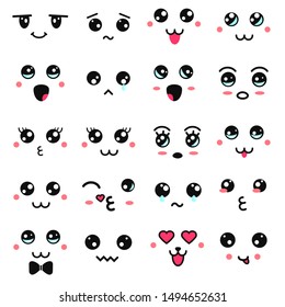 Kawaii cute faces. Manga style eyes and mouths. Funny cartoon japanese emoticon in in different expressions. Expression anime character and emoticon face illustration. Background, Wallpaper.