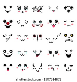 Kawaii cute faces. Manga style eyes and mouths. Funny cartoon japanese emoticon in in different expressions. Expression anime character and emoticon face illustration. Background, Wallpaper.