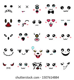 Kawaii cute faces. Manga style eyes and mouths. Funny cartoon japanese emoticon in in different expressions. Expression anime character and emoticon face illustration. Background, Wallpaper.