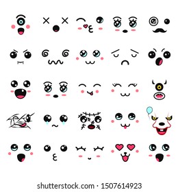 Kawaii cute faces. Manga style eyes and mouths. Funny cartoon japanese emoticon in in different expressions. Expression anime character and emoticon face illustration. Background, Wallpaper.