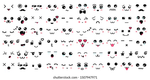 Kawaii cute faces. Manga style eyes and mouths. Funny cartoon japanese emoticon in in different expressions. Halloween. Expression anime character and emoticon face illustration. Background.Wallpaper.