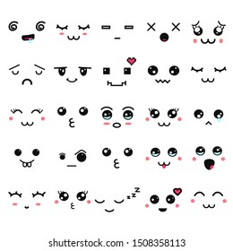 Kawaii cute faces. Manga style eyes and mouths. Funny cartoon japanese emoticon in in different expressions. Halloween. Expression anime character and emoticon face illustration. Background.Wallpaper.