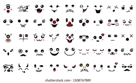 Kawaii cute faces. Manga style eyes and mouths. Funny cartoon japanese emoticon in in different expressions. Halloween. Expression anime character and emoticon face illustration. Background.Wallpaper.