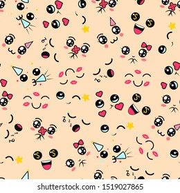 Kawaii cute faces. Manga style eyes and mouths. Funny cartoon japanese emoticon in in different expressions in a seamless style. Expression anime character and emoticon face illustration. Background.