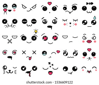 Kawaii cute faces. Manga style eyes and mouths. Funny cartoon japanese emoticon in in different expressions set. Expression anime character and emoticon face illustration. Background, Wallpaper. Print