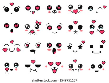 Kawaii cute faces. Manga style eyes and mouths. Funny cartoon japanese emoticon in in different expressions with hearts. Expression anime character and emoticon face illustration. Background. Set.