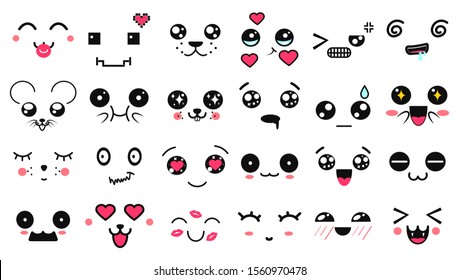 Kawaii cute faces. Manga style eyes and mouths. Funny cartoon japanese emoticon in in different expressions. Expression anime character and emoticon face illustration. Background, Wallpaper. Mask.