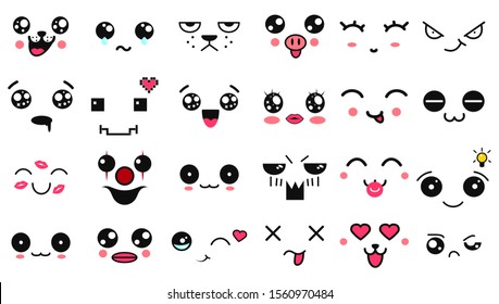 Kawaii cute faces. Manga style eyes and mouths. Funny cartoon japanese emoticon in in different expressions. Expression anime character and emoticon face illustration. Background, Wallpaper. Mask.