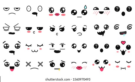 Kawaii Cute Faces. Manga Style Eyes And Mouths. Funny Cartoon Japanese Emoticon In In Different Expressions. Expression Anime Character And Emoticon Face Illustration. Background, Wallpaper.