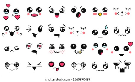 Kawaii Cute Faces. Manga Style Eyes And Mouths. Funny Cartoon Japanese Emoticon In In Different Expressions. Expression Anime Character And Emoticon Face Illustration. Background, Wallpaper.