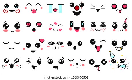 Kawaii cute faces. Manga style eyes and mouths. Funny cartoon japanese emoticon in in different expressions. Expression anime character and emoticon face illustration. Background, Wallpaper.