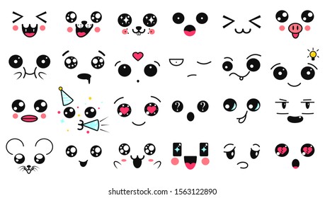 Kawaii cute faces. Manga style eyes and mouths. Funny cartoon japanese emoticon in in different expressions. Expression anime character and emoticon face illustration. Background, Wallpaper.