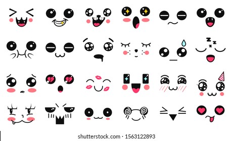 Kawaii cute faces. Manga style eyes and mouths. Funny cartoon japanese emoticon in in different expressions. Expression anime character and emoticon face illustration. Background, Wallpaper.