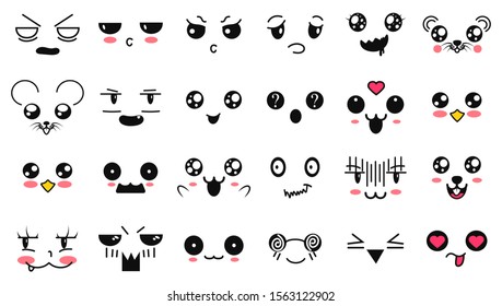 Kawaii cute faces. Manga style eyes and mouths. Funny cartoon japanese emoticon in in different expressions. Expression anime character and emoticon face illustration. Background, Wallpaper.