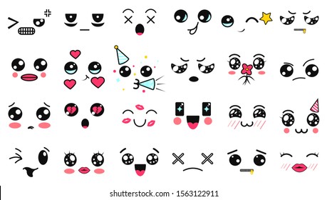 Kawaii cute faces. Manga style eyes and mouths. Funny cartoon japanese emoticon in in different expressions. Expression anime character and emoticon face illustration. Background, Wallpaper.