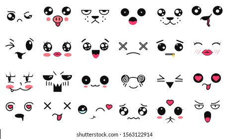 Kawaii cute faces. Manga style eyes and mouths. Funny cartoon japanese emoticon in in different expressions. Expression anime character and emoticon face illustration. Background, Wallpaper.