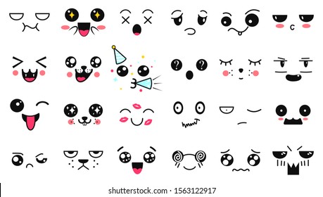 Kawaii cute faces. Manga style eyes and mouths. Funny cartoon japanese emoticon in in different expressions. Expression anime character and emoticon face illustration. Background, Wallpaper.