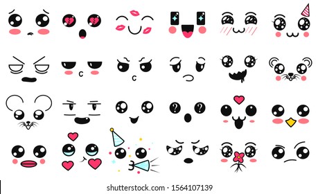 Kawaii cute faces. Manga style eyes and mouths. Funny cartoon japanese emoticon in in different expressions. Expression anime character and emoticon face illustration. Background, Wallpaper.