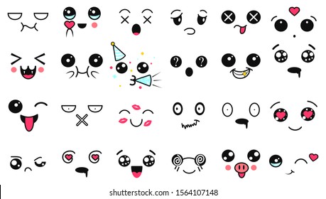 Kawaii cute faces. Manga style eyes and mouths. Funny cartoon japanese emoticon in in different expressions. Expression anime character and emoticon face illustration. Background, Wallpaper.