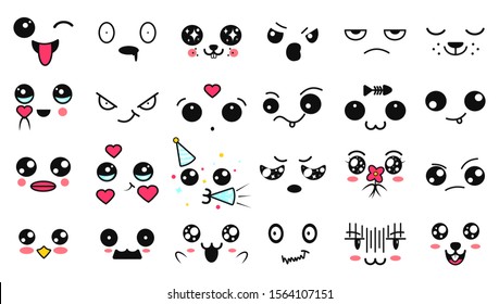 Kawaii cute faces. Manga style eyes and mouths. Funny cartoon japanese emoticon in in different expressions. Expression anime character and emoticon face illustration. Background, Wallpaper.