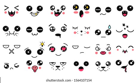 Kawaii cute faces. Manga style eyes and mouths. Funny cartoon japanese emoticon in in different expressions. Expression anime character and emoticon face illustration. Background, Wallpaper.