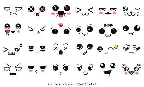 Kawaii cute faces. Manga style eyes and mouths. Funny cartoon japanese emoticon in in different expressions. Expression anime character and emoticon face illustration. Background, Wallpaper.