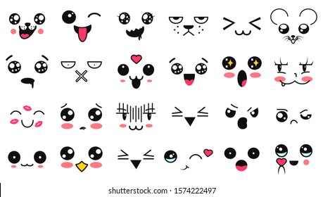 Kawaii cute faces. Manga style eyes and mouths. Funny cartoon japanese emoticon in in different expressions. Expression anime character and emoticon face illustration. Background, Wallpaper. Mask.