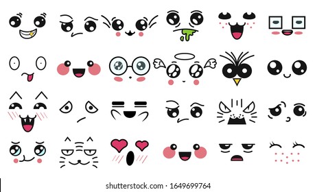 Kawaii cute faces. Manga style eyes and mouths. Funny cartoon japanese emoticon in in different expressions. Expression anime character and emoticon face illustration. Background, Wallpaper. Print.