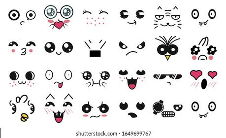 Kawaii cute faces. Manga style eyes and mouths. Funny cartoon japanese emoticon in in different expressions. Expression anime character and emoticon face illustration. Background, Wallpaper. Print.