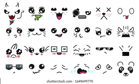 Kawaii cute faces. Manga style eyes and mouths. Funny cartoon japanese emoticon in in different expressions. Expression anime character and emoticon face illustration. Background, Wallpaper. Print.