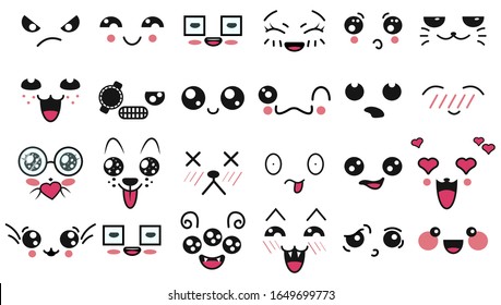 Kawaii cute faces. Manga style eyes and mouths. Funny cartoon japanese emoticon in in different expressions. Expression anime character and emoticon face illustration. Background, Wallpaper. Print.