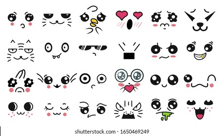 Kawaii cute faces. Manga style eyes and mouths. Funny cartoon japanese emoticon in in different expressions. For social networks. Expression anime character and emoticon face illustration. Background.