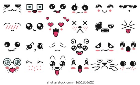 Kawaii cute faces. Manga style eyes and mouths. Funny cartoon japanese emoticon in in different expressions. For social networks. Expression anime character and emoticon face illustration. Background.