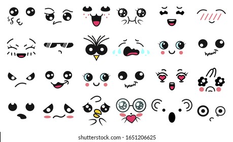 Kawaii cute faces. Manga style eyes and mouths. Funny cartoon japanese emoticon in in different expressions. For social networks. Expression anime character and emoticon face illustration. Background.