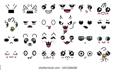 Kawaii cute faces. Manga style eyes and mouths. Funny cartoon japanese emoticon in in different expressions. For social networks. Expression anime character and emoticon face illustration. Background.