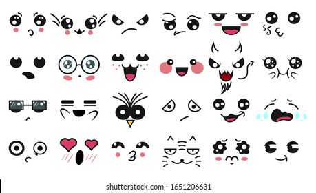 Kawaii cute faces. Manga style eyes and mouths. Funny cartoon japanese emoticon in in different expressions. For social networks. Expression anime character and emoticon face illustration. Background.