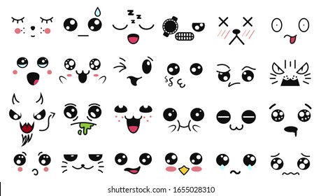 Kawaii cute faces. Manga style eyes and mouths. Funny cartoon japanese emoticon in in different expressions. For social networks. Expression anime character and emoticon face illustration. Background.