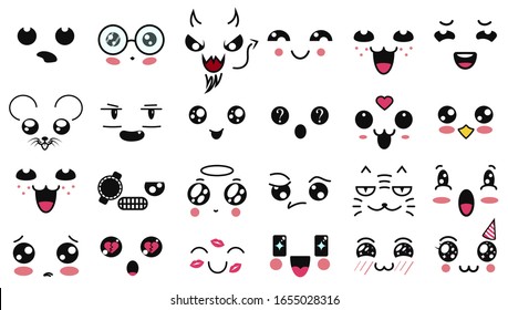 Kawaii cute faces. Manga style eyes and mouths. Funny cartoon japanese emoticon in in different expressions. For social networks. Expression anime character and emoticon face illustration. Background.