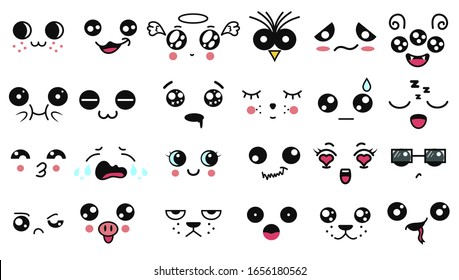 Kawaii Cute Faces. Manga Style Eyes And Mouths. Funny Cartoon Japanese Emoticon In In Different Expressions. For Social Networks. Expression Anime Character And Emoticon Face Illustration. Background.