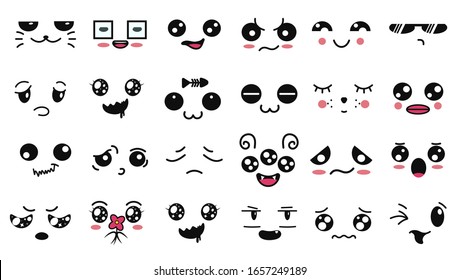 Kawaii Cute Faces. Manga Style Eyes And Mouths. Funny Cartoon Japanese Emoticon In In Different Expressions. For Social Networks. Expression Anime Character And Emoticon Face Illustration. Background.