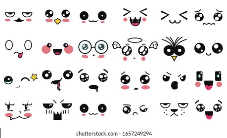 Kawaii cute faces. Manga style eyes and mouths. Funny cartoon japanese emoticon in in different expressions. For social networks. Expression anime character and emoticon face illustration. Background.