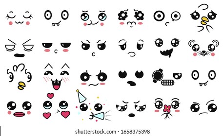 Kawaii cute faces. Manga style eyes and mouths. Funny cartoon japanese emoticon in in different expressions. For social networks. Expression anime character and emoticon face illustration. Background.