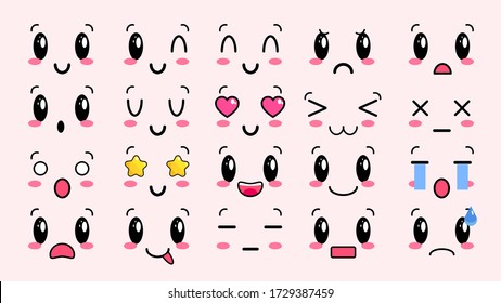 Kawaii cute faces. Manga style eyes and mouths. Funny cartoon japanese emoticon in in different expressions. For social networks. Expression anime character and emoticon face illustration. EPS