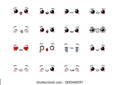 Kawaii cute faces. Manga style eyes and mouths. Funny cartoon japanese emoticon in in different expressions. For social networks. Expression anime character and emoticon face illustration. EPS 10