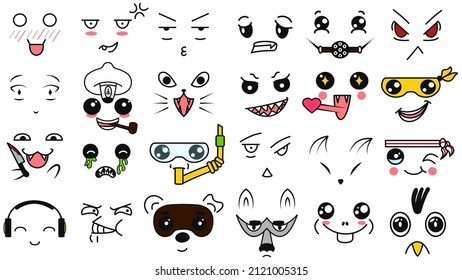 Kawaii cute faces. Manga style eyes and mouths. Funny cartoon japanese emoticon in in different expressions. For social networks. Expression anime character and emoticon face illustration. Background.