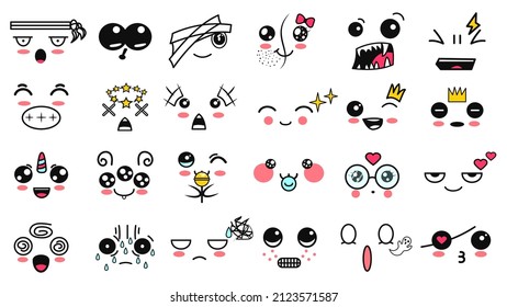 Kawaii cute faces. Manga style eyes and mouths. Funny cartoon japanese emoticon in in different expressions. For social networks. Expression anime character and emoticon face illustration. Background.