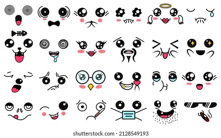 Kawaii cute faces. Manga style eyes and mouths. Funny cartoon japanese emoticon in in different expressions. For social networks. Expression anime character and emoticon face illustration. Background.